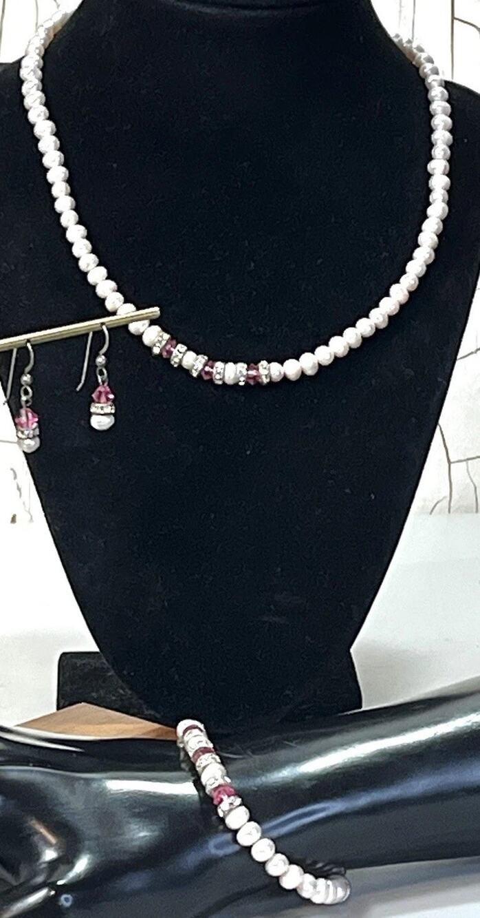 VTG Sterling Silver Pearl, Red Ruby Bead Necklace, Bracelet & Drop Earrings Set